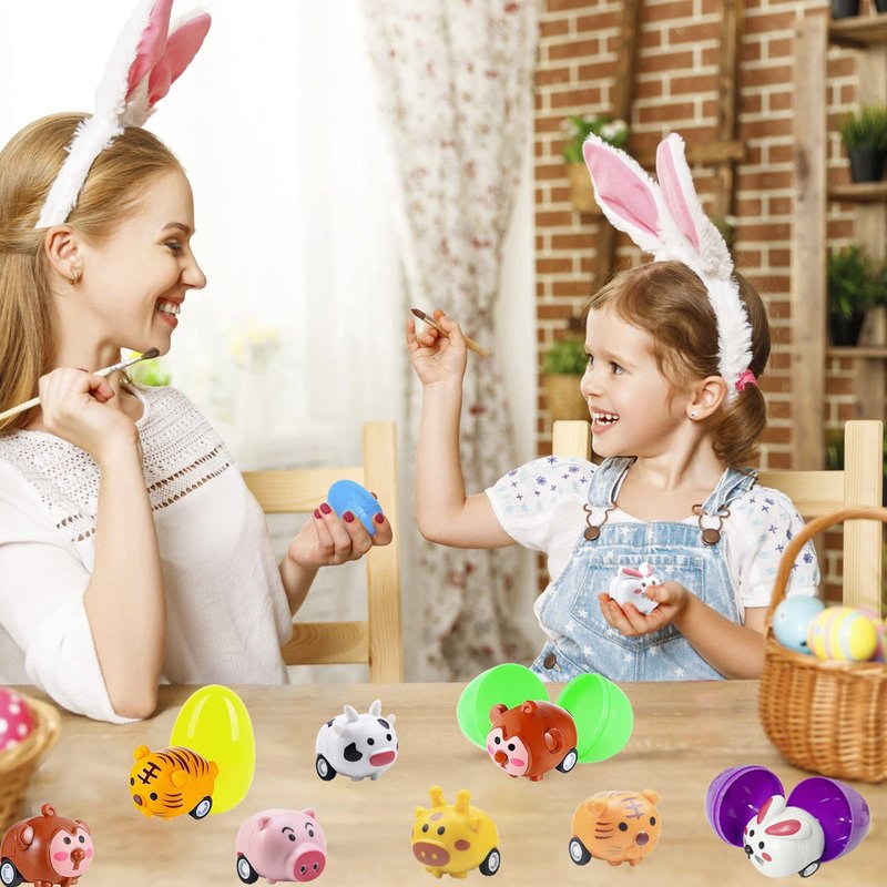 BAINFE 12PCS Easter Eggs with Pull Back Car Toys, Plastic Eggs with Cartoon Animal Vehicles for Kids Easter Egg Hunts, Easter Basket Stuffers Fillers, Easter Party Favor Classroom Prize Supplies