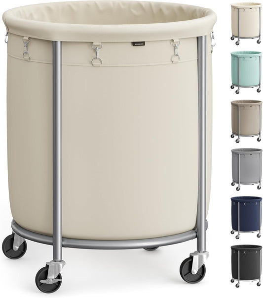 SONGMICS Laundry Basket - 50.2-Gallon Rolling Hamper Cart with Steel Frame & Removable Bag - Cream White & Metallic Silver