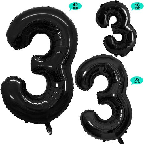 GOER Black Foil Number 3 Balloons - Huge 42" & 32" Birthday Party Decorations (3 Pack)