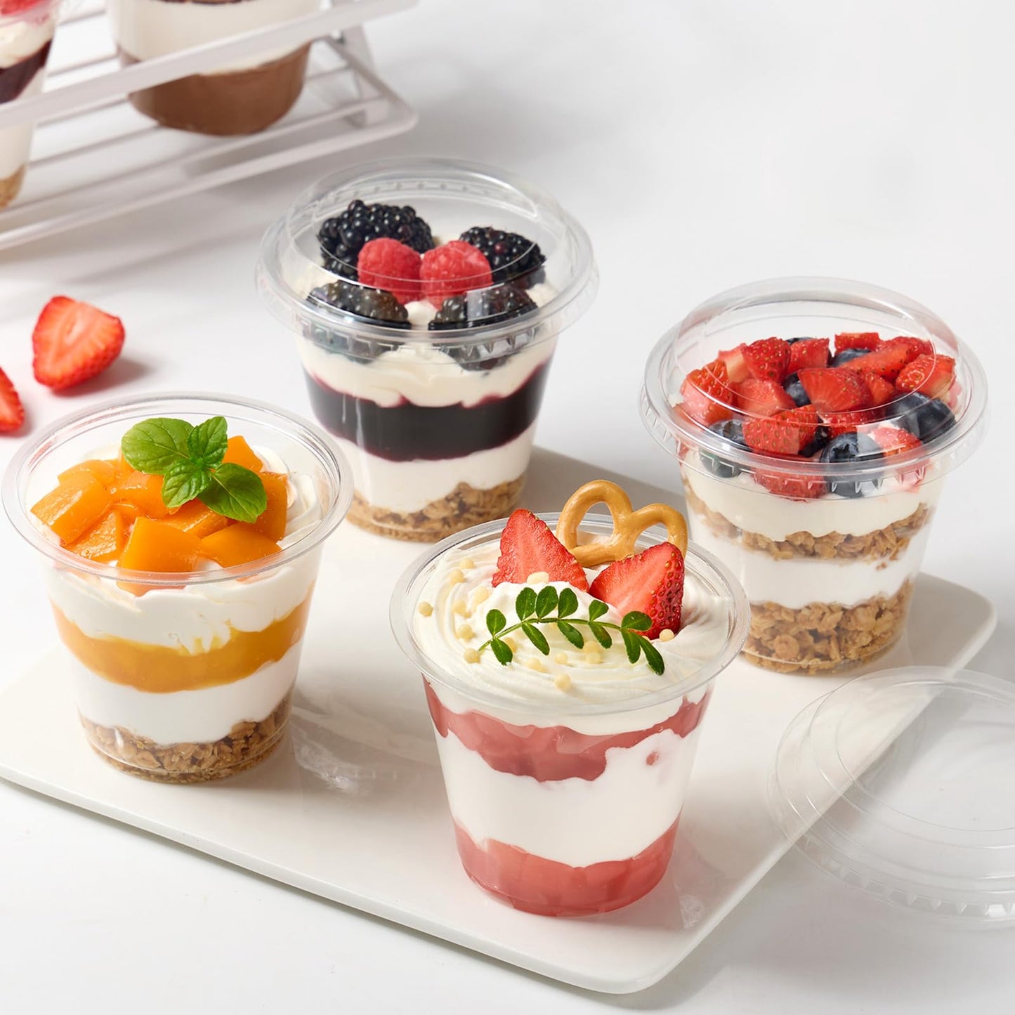 Jycnolm 100 Pack 9 oz Plastic Dessert Cups with Lids, Small Plastic Yogurt Parfait Cups, Mini Round Party Serving Cup for Pudding, Fruit, Cake, Appetizer, Dessert Shot Glasses
