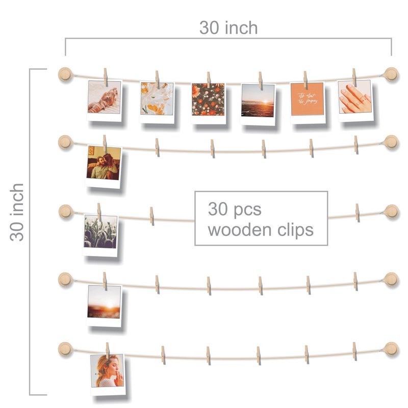 BIZYAC Hanging Photo Display Room Wall Decor - Sculptural Picture Frames Collage - 5 Strings with 30 Clips - 3M Self Adhesive Hooks - No Holes Drilling - 30 x 30 inch