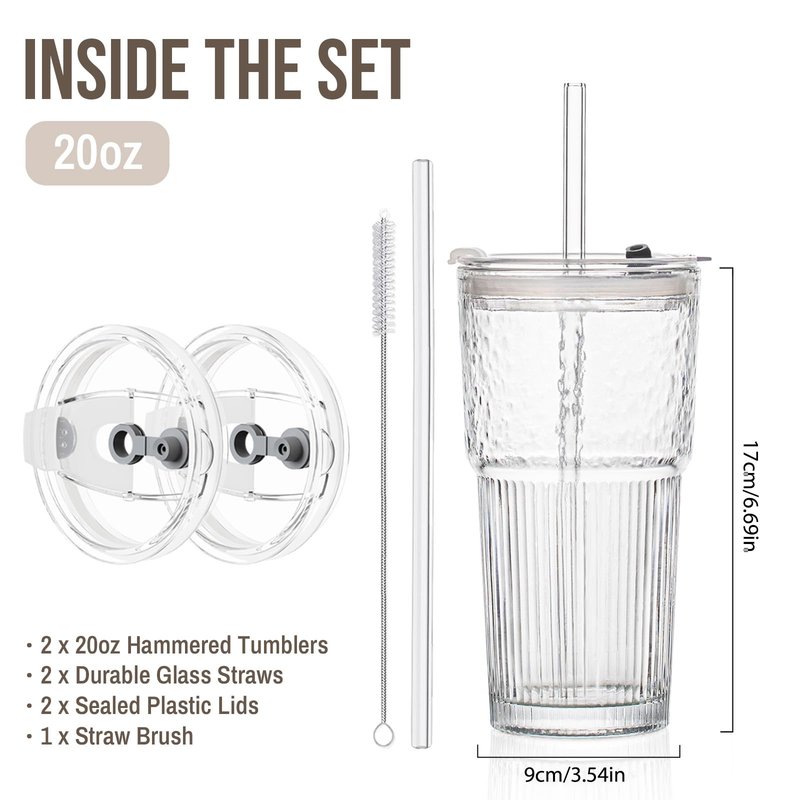 SoulTimes 20oz Glass Tumblers with Lids and Straws, Set of 2 - Stylish Ribbed Design Drinking Glasses for Iced Coffee Cups, Juice, Smoothies, Cold Beverages, Includes Cleaning Brush, Durable Glassware