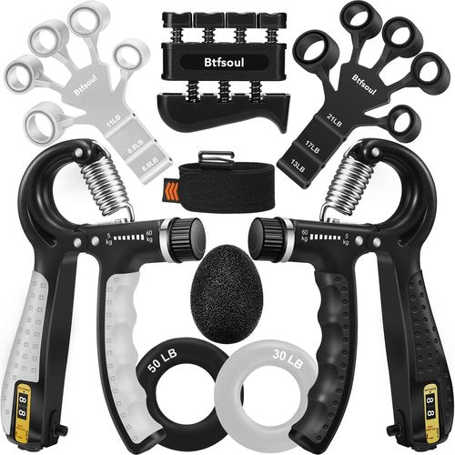 Grip Strength Trainer Kit with Hand Gripper Strengthener, Finger Exerciser, Forearm Workout Ring, Double-Sided Finger Stretcher(Gripster) and Stress Relief Ball (black grey)