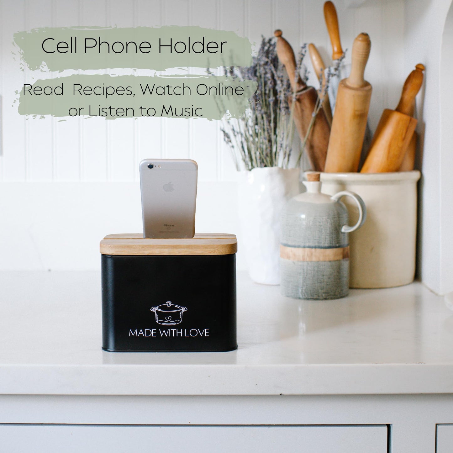 White Recipe Box With Cards And Dividers | Metal Recipe Card Holder w/ Bamboo Lid | 100 Modern Recipe Cards And Box Set | Recipe Card Box Organizer with 10 Dividers | Recipe Tin for Kitchen