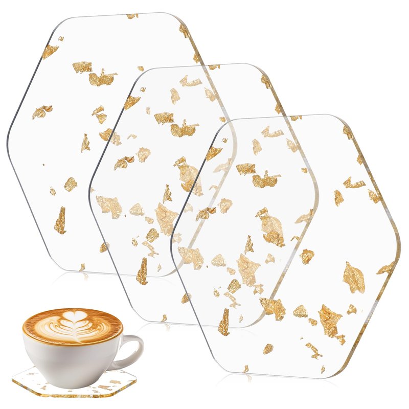 3 Pcs Acrylic Coaster for Desk Gold Foil Modern Drink Coasters for Coffee Table Non-Slip Transparent Waterproof Cup Mats for Table Countertop Desk Cold Hot Drink Home Decor (Hexagon)