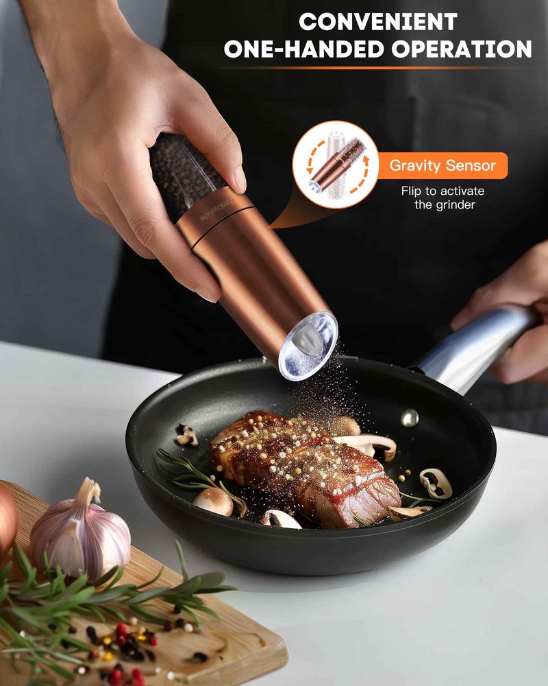 AmuseWit Gravity Electric Pepper Mill or Salt Grinder Mill [White Light] USB Rechargeable Automatic Pepper Grinder, Adjustable Coarseness, One-Handed Operation, Stainless Steel