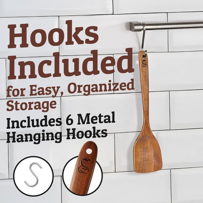 PriorityChef Wooden Spoons for Cooking, Premium 6pc Teak Wood Utensil Set with Hanging Hooks