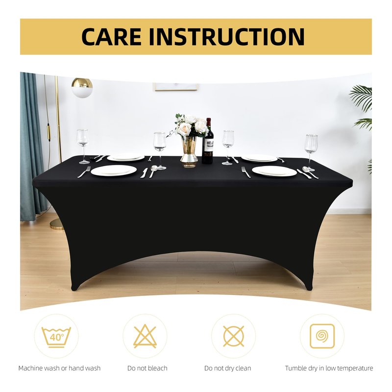 ZarzaaSik 6-Pack 8ft Black Spandex Table Covers for Rectangle Folding Tables - Washable Elastic Tablecloth - Ultimate Fitted Table Protector for Birthday Parties, Trade Shows, Banquet