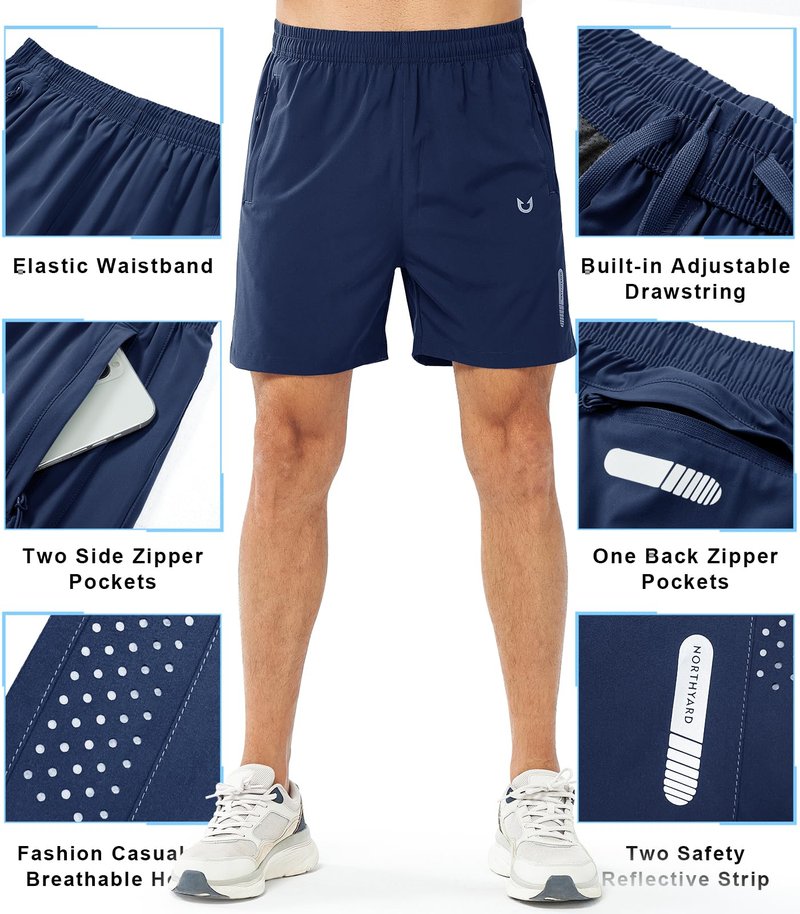 NORTHYARD Men's Athletic Running Shorts Gym Workout 7"/9"/5" Quick Dry Lightweight Sports Basketball Tennis 3 Zipper Pockets DARKBLUE-5inch XL