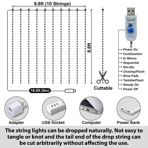 HXWEIYE 300LED Fairy Curtain Lights, 9.8x9.8Ft USB Plug-in 8 Modes Christmas String Hanging Lights with Remote for Bedroom Backdrop Wedding Indoor Wall Decor, Purple, Tangle-Free – 1 Pack