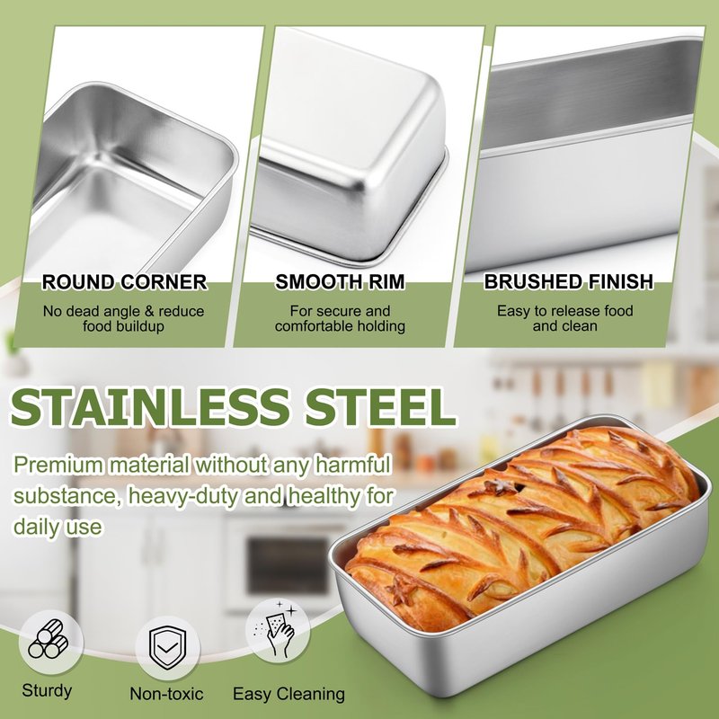P&P CHEF Loaf Pan Set, 9 x 5 Inch Bread Pans, Stainless Steel Loaf Toast Baking Pans For Bread Meatloaf Lasagna Cake, Healthy & Non Toxic, Oven Safe& Easy Clean, (Silver, 2Pcs)