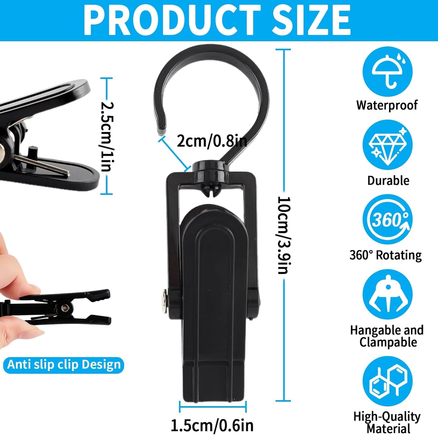 VinBee 20 PCS Laundry Hooks - Super Strong Plastic Clips for Home & Travel | 4.3 Inches (Black)
