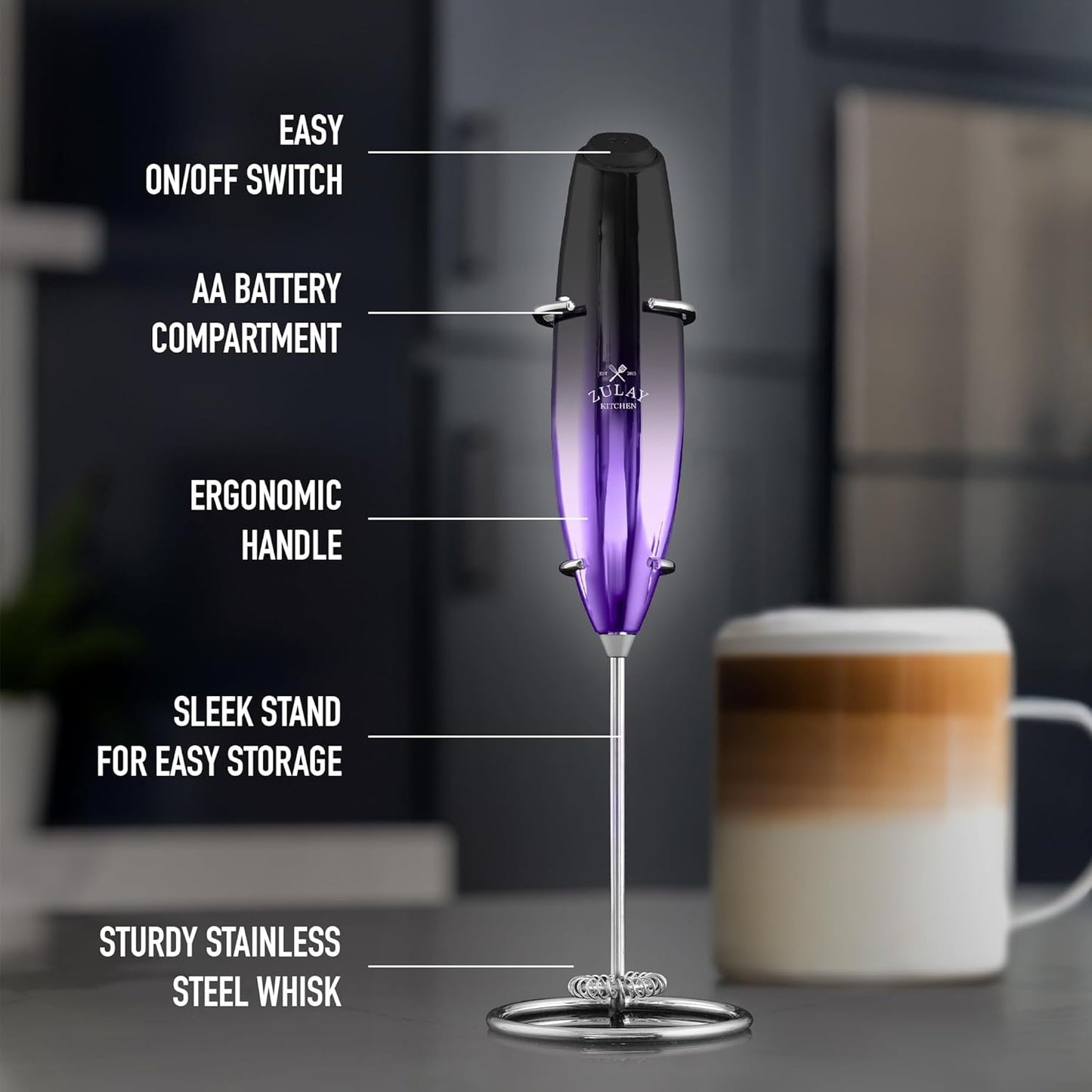 Zulay Kitchen Milk Frother - Handheld Electric Foam Maker for Coffee, Lattes & Hot Chocolate - Deluxe Gift for Coffee Lovers