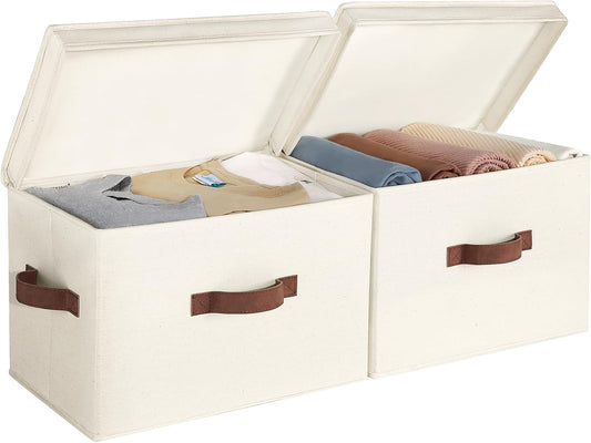 StorageWorks Fabric Storage Bins - Stackable Decorative Boxes with Lids | Large Ivory White, 2-Pack