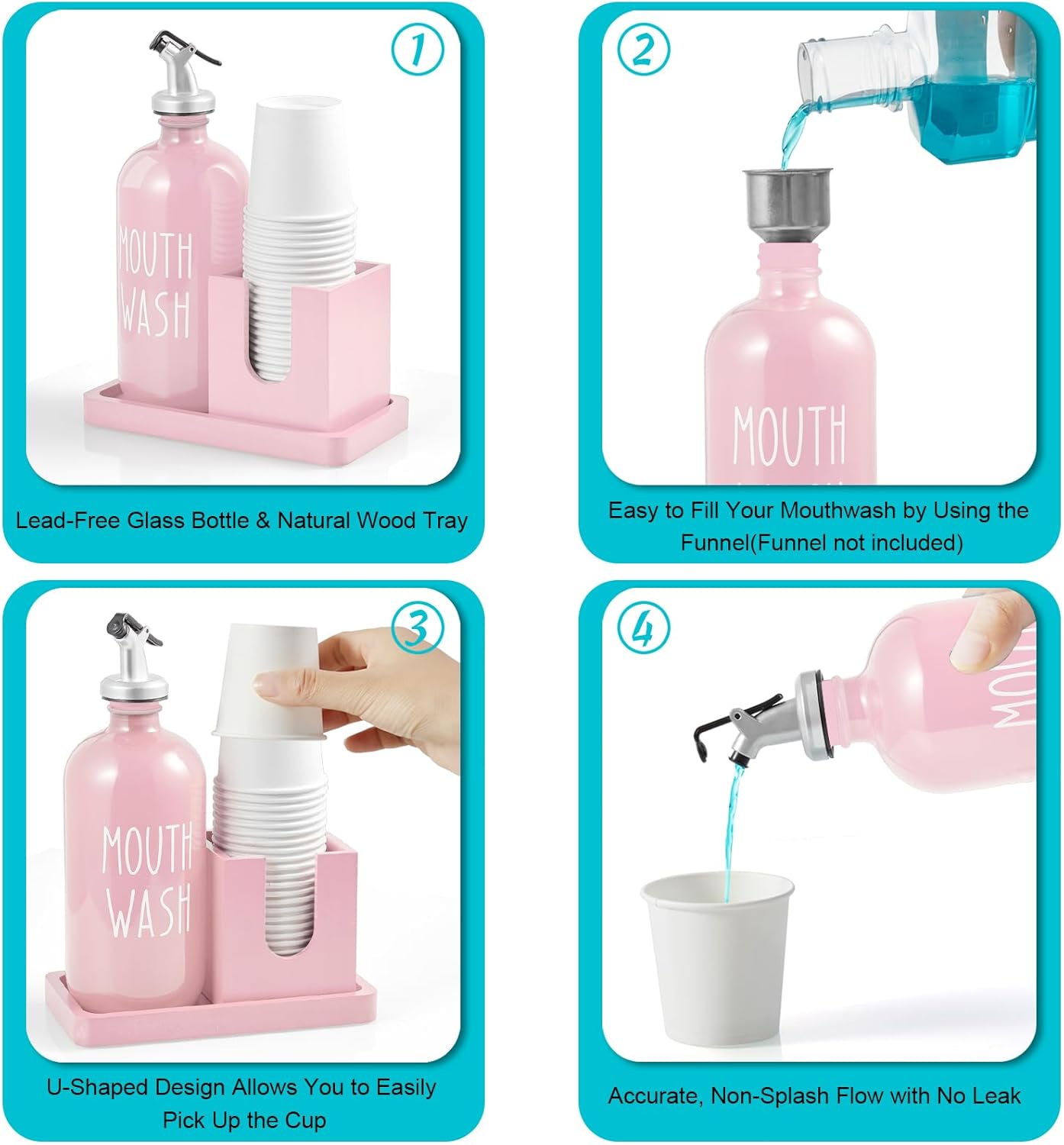 Skiennix Glass Mouthwash Dispenser - 16 OZ with Pour Spout & Wood Cup Holder | Pink Farmhouse Decor