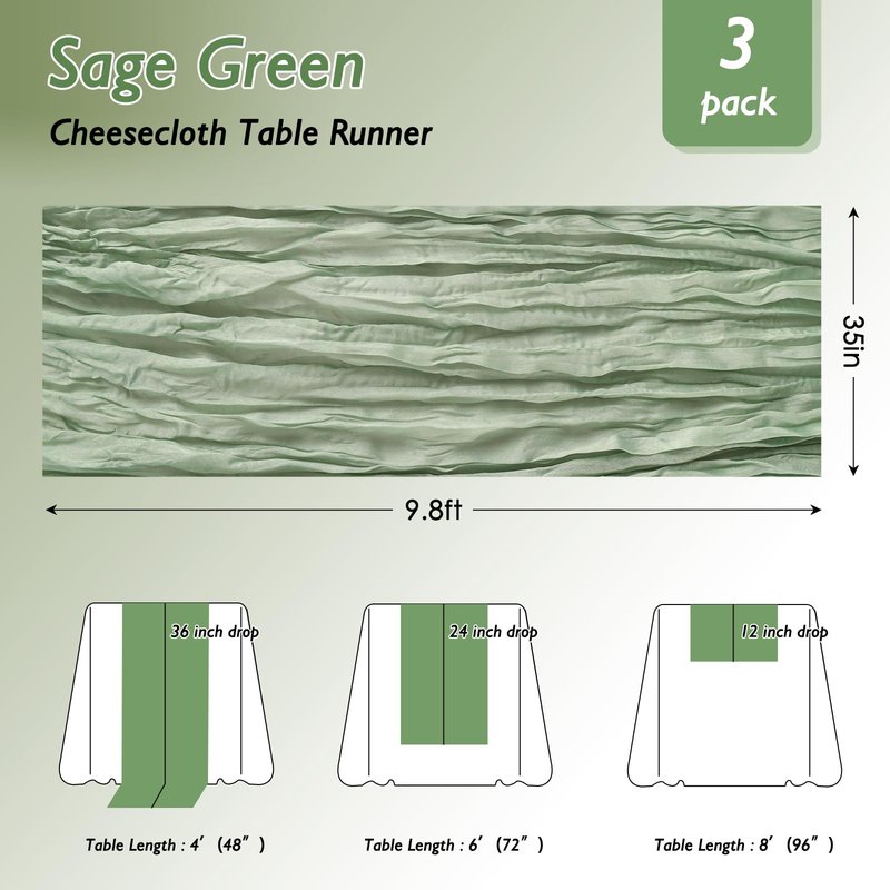 Sage Green Table Runner 35x120 Inch Cheesecloth Table Runner 3 Pack for Baby Shower, Boho Decor, Wedding Decoration, Jungle Theme Party