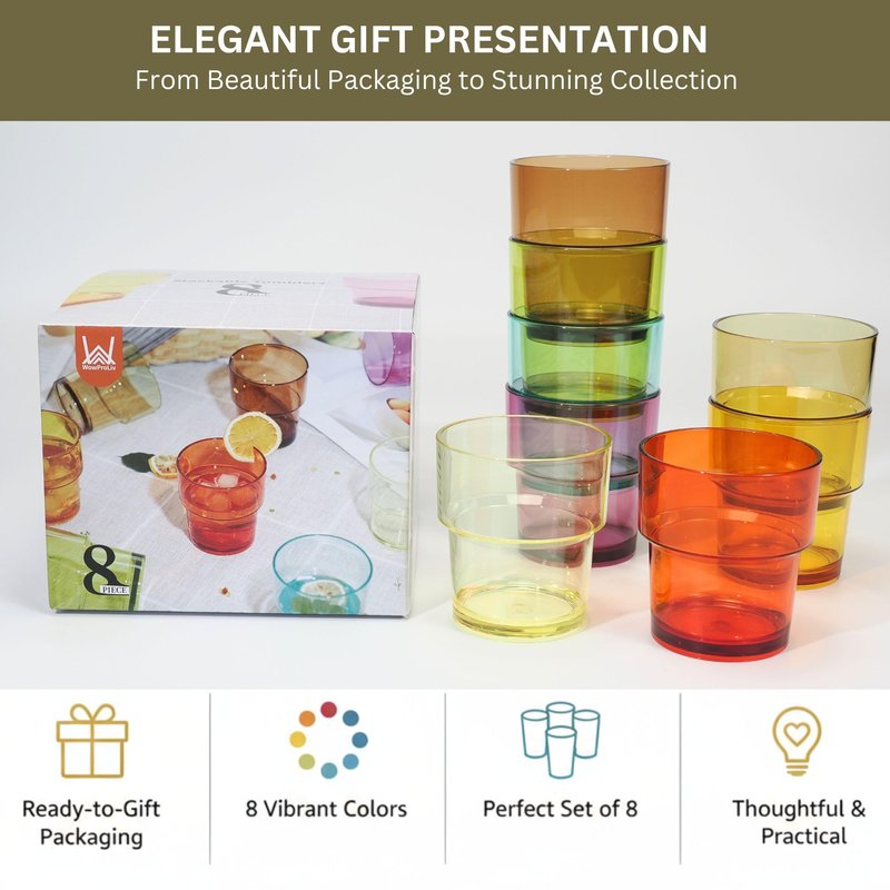 WowProLiv 14 oz Plastic Stackable Drinking Tumblers, BPA-Free, Dishwasher Safe, Durable Shatterproof Reusable Kid Cups, Everyday Water/Juice Glasses for Indoor/Outdoor (Set of 8, Gift Box)