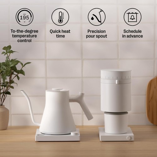 Fellow Stagg EKG Pro Electric Gooseneck Kettle - Pour-Over Coffee and Tea, Quick Heating, Precise Temperature Control, Scheduling, Built-in Brew Timer, Matte White with Maple Wood Handle, 0.9 Liter