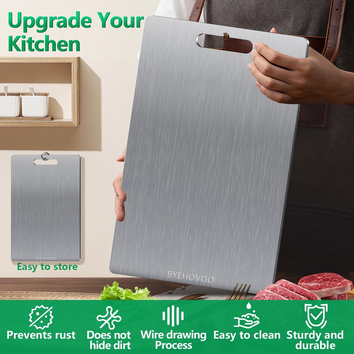 Titanium Cutting Boards Set of 3 - Double-Sided Pure Titanium | Easy to Clean & Dishwasher Safe
