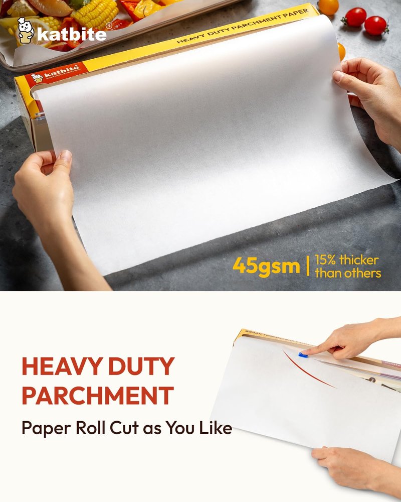 Katbite Heavy Duty Parchment Paper Roll for Baking, 12 in x 524 ft Non-Stick Baking Paper for Cooking, Baking Cookies, Grilling, Air Fryer and Steaming