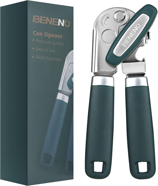 Beneno Heavy Duty Manual Can Opener - Durable Carbon Steel Blade, Effort-Saving Knob & Soft Grip Handle | Green
