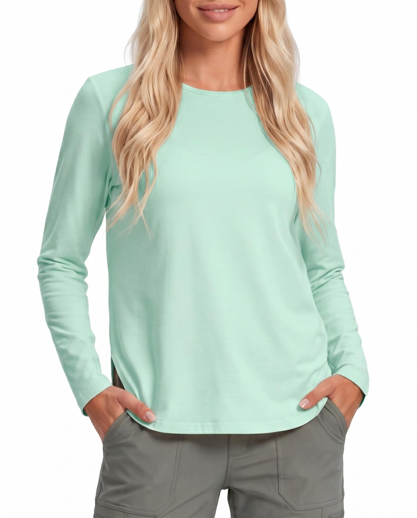 Women's UPF 50+ UV Sun Shirts, Loose Fit Long Sleeve Hiking Top Light Green