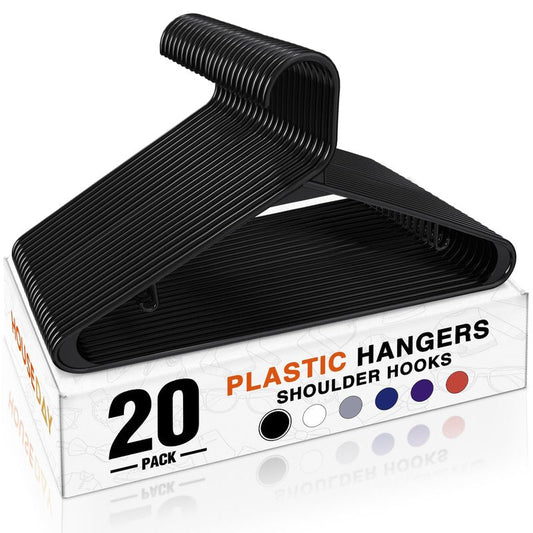 HOUSE DAY Plastic Hangers 20 Pack, Space Saving Clothes Hangers with Built-in Hooks, Durable & Strong Closet Organizers and Storage, Dorm Room Essential, Perfect for Shirts, Coat, Pants, Dress - Black