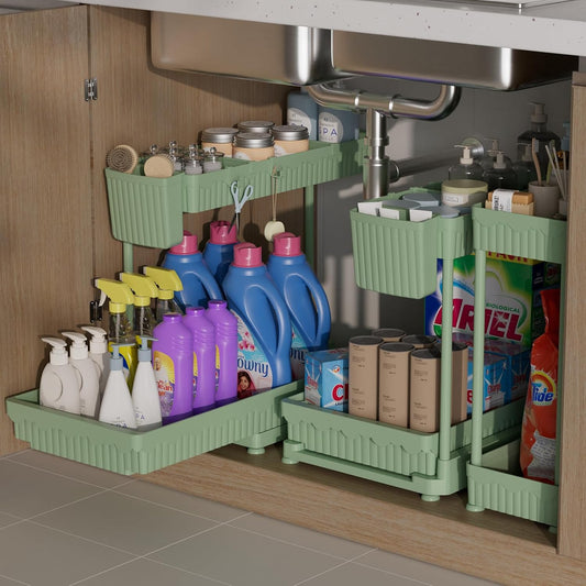 Sevenblue Multi-Purpose Under Sink Organizers - L-Shaped Pull-Out Cabinet Storage for Bathroom & Kitchen | Green, 12.85 Inch