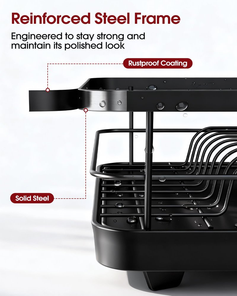 Sakugi Stainless Steel Dish Drying Rack for Kitchen Counter, Sink Organization and Storage Essentials with Silverware & Utensil Holder, Home and Apartment Decor, 12''W x 15.5''L, Black