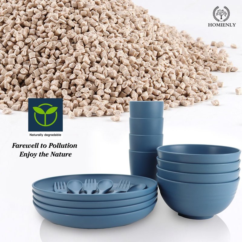 Wheat Straw Dinnerware Sets, Homienly 20pcs Unbreakable Microwave Dishwasher Safe Tableware Lightweight Bowls, Cups, Plates Set Reusable Dinner Plates Bowls set (Blue)