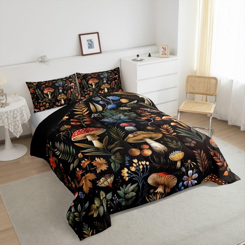 Feelyou Wild Mushroom Bed Comforters Set Twin Size,Burgundy Plant Fallen Leaves Super Soft Microfiber Bedding Set for Girls Boys,Botanical Plant Decorative Comforter Set,1 Pillowcase