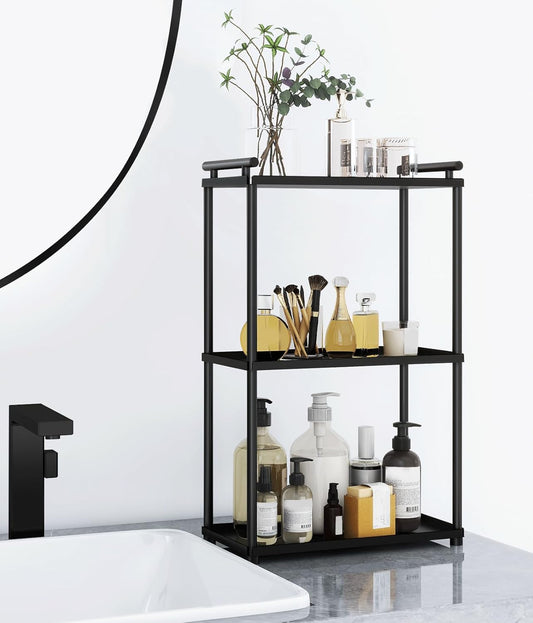 VOTZAAQ 3-Tier Bathroom Organizer - Stainless Steel Perfume Tray & Vanity Shelf | Matte Black