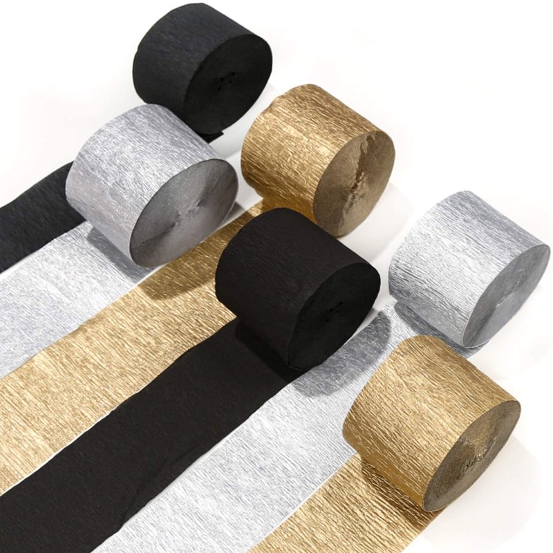 PartyWoo Crepe Paper Streamers 6 Rolls 492ft, Pack of Gold, Silver and Black Party Streamers for Party, Birthday and Wedding Decorations (1.8 Inch x 82 Ft/Roll)