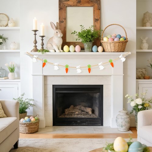 Easter Decorations Pre-Assembled Easter Garland Wooden Bunny Carrot Garland with Beads Easter Decor Rustic Banner for Mantel Fireplace Home Party Farmhouse Spring Decor Wall Decor