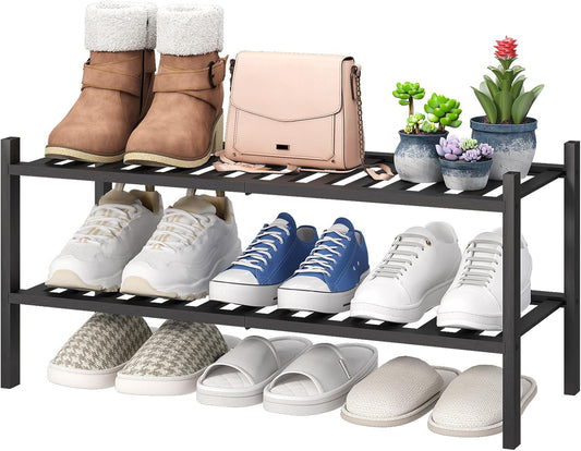 Viewcare 2-Tier Black Bamboo Shoe Rack - Stackable & Foldable Shoe Shelf Organizer for Entryway