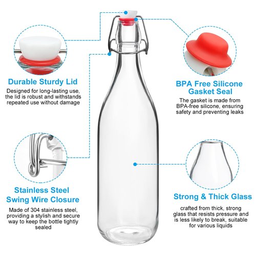 JOBVERT Swing Top Bottles 33oz,2 Pack Glass Brewing Bottles with Airtight Grolsch Closures, Reusable for Kombucha, Beer, Cold Brew, Homemade Beverages Storage
