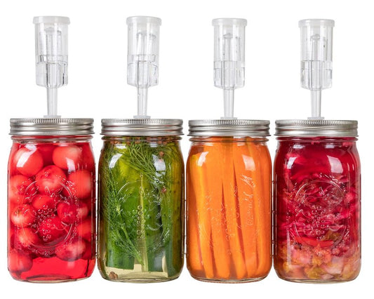 Jillmo Fermentation Lids for Wide Mouth Mason Jars, Stainless Steel Auto Venting Fermenting Lid Kit with Airlocks & Silicone Grommets for Pickles, Kimchi & Sauerkraut, 4 Pack, No Jars Included