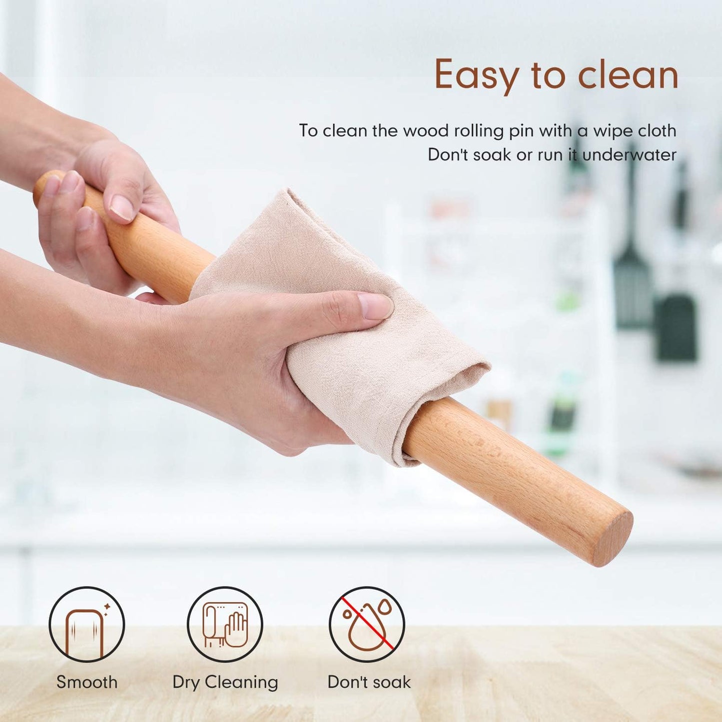 QUELLANCE Wooden Rolling Pin - Beech Wood Dough Roller with Silicone Baking Mat | Perfect for Pizza, Pastries, and Cookies