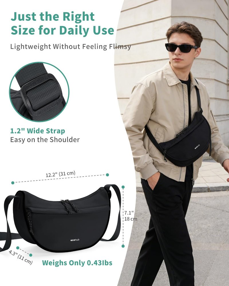 ECOHUB Anti Theft Crossbody Bag for Women and Men, Structured Lightweight Nylon Everyday Sling Bag with RFID Pocket, Adjustable Strap for Travel, Work and Daily Carry, Black
