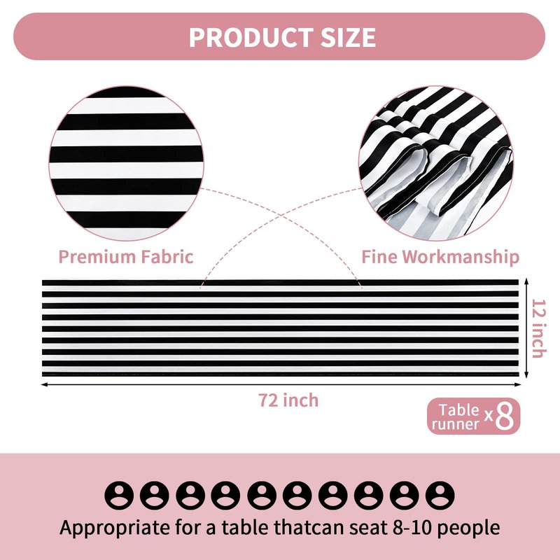 Lykoow 8 Pack Striped Table Runner Polyester Classic Black and White Striped Table Decor for Indoor Outdoor Events, Wedding, Birthday Parties, Banquets and Celebrations (12 x 72 Inch)