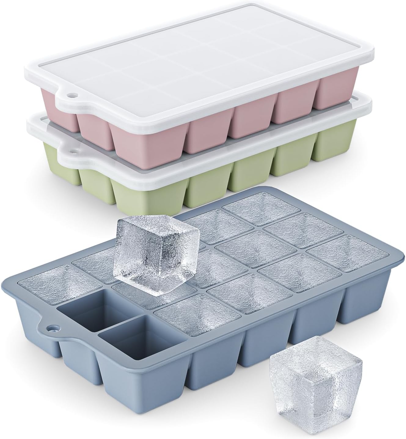 Skiennix Silicone Ice Cube Tray 3 Pack - Easy Release BPA-Free Ice Cube Molds for Cocktails | Blue, Pink, Green