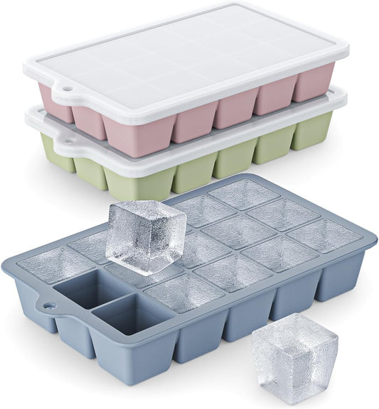 Skiennix Silicone Ice Cube Tray 3 Pack - Easy Release BPA-Free Ice Cube Molds for Cocktails | Blue, Pink, Green