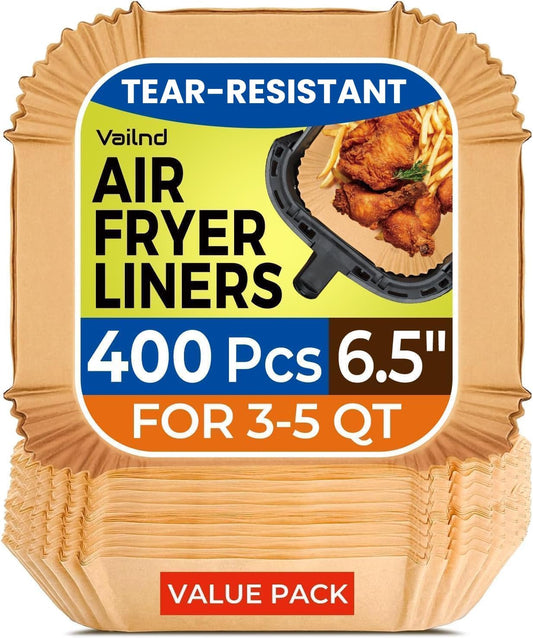 Skiennix Air Fryer Paper Liners - 400 Pcs Heavy-Duty Non-Stick Parchment, 6.5" Square for 2-4 Qt Baskets