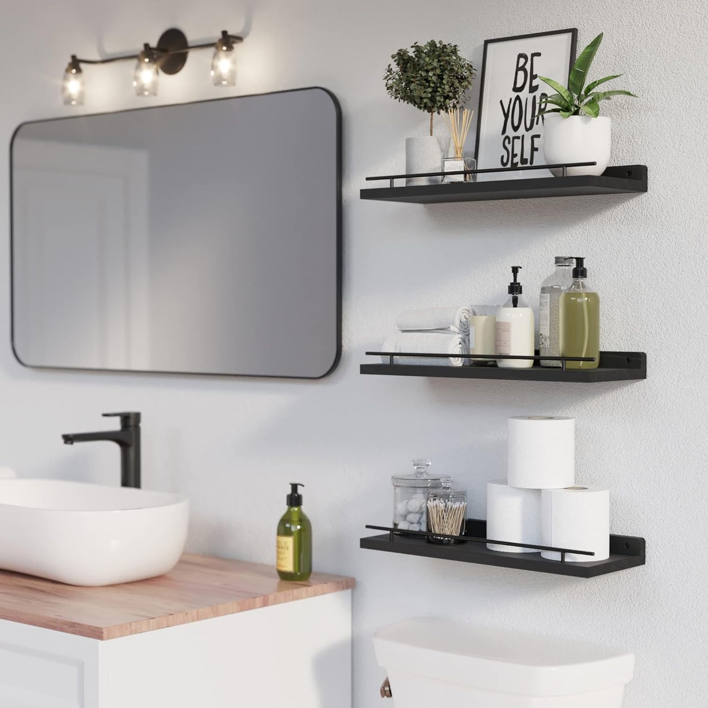 WOPITUES Floating Wall Shelves - Set of 3 with Black Metal Guardrail for Bedroom, Bathroom, Kitchen, Living Room Decor