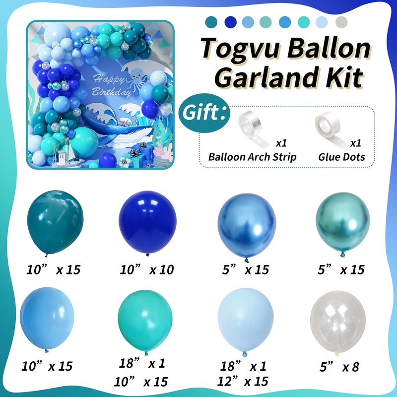 Blue Balloon Garland Arch Kit, 112 Pcs Pastel Baby Light Blue Royal Blue Slate Teal Blue Turquoise Metallic Green Under the Sea Balloon Arch Kit for Boys Ocean Birthday Baby Shower Party Decorations