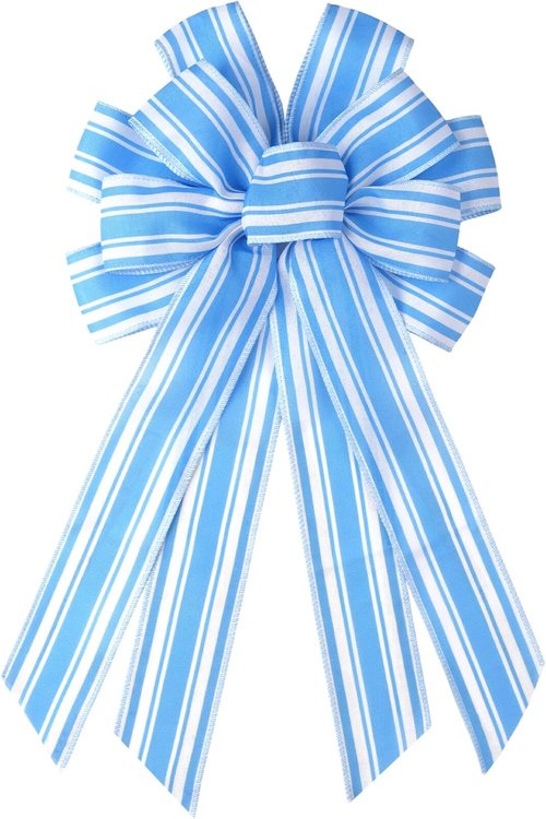 Blue White Striped Wreath Bow - Large 20x11 Inch Premade Baby Shower Decor for Front Door