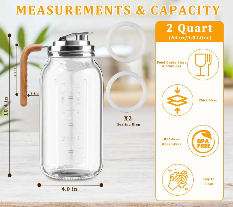 Glass Pitcher With Lid,304 Stainless Steel Lid,2 Seal Ring,64 oz(2 Quart/1.8 Liter),Mason Jar Cold Brew Water Iced Tea Brewing Breast Milk Pitcher,Sun Tea Glass Jar For Outside,Pitchers For Drinks