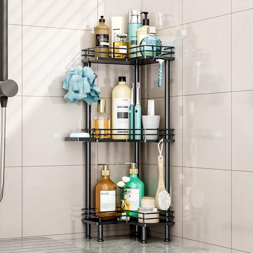 HapiRm Corner Shower Caddy - 3-Tier Rustproof Bathroom Organizer with Soap Holder & 4 Hooks | Black