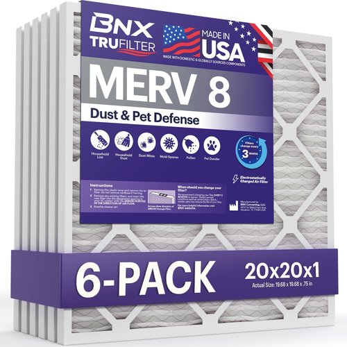 BNX TruFilter 20x20x1 Air Filter MERV 8 (6-Pack) - Made in USA | Electrostatic Pleated HVAC Filters for Dust, Pet & Mold Defense