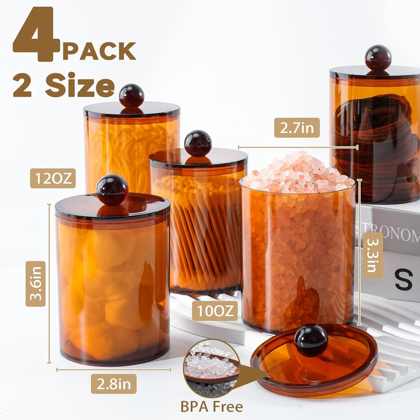 XIPENGKEJI Qtip Holder Set - 4 Pack Apothecary Jars with Lids for Cotton Swabs & Pads | 10oz-12oz Brown